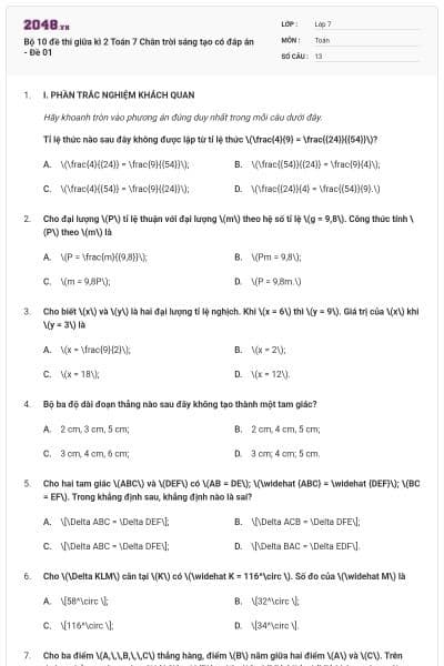 Bộ 10 đề thi giữa kì 2 Toán 7 Chân trời sáng tạo có đáp án - Đề 01