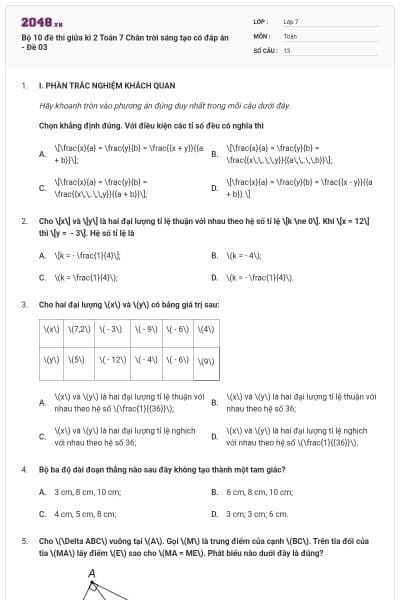 Bộ 10 đề thi giữa kì 2 Toán 7 Chân trời sáng tạo có đáp án - Đề 03