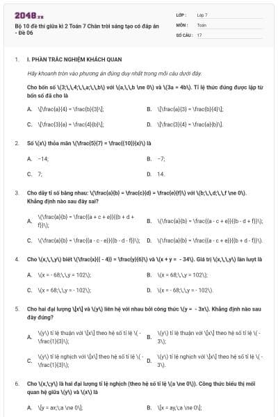 Bộ 10 đề thi giữa kì 2 Toán 7 Chân trời sáng tạo có đáp án - Đề 06
