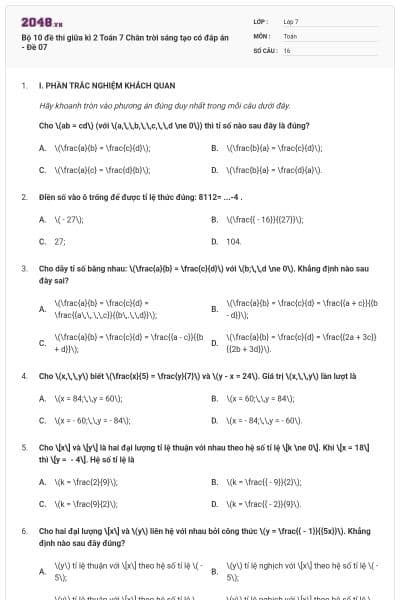 Bộ 10 đề thi giữa kì 2 Toán 7 Chân trời sáng tạo có đáp án - Đề 07
