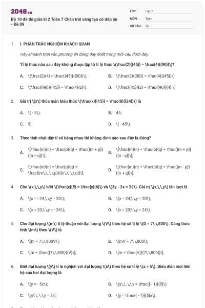 Bộ 10 đề thi giữa kì 2 Toán 7 Chân trời sáng tạo có đáp án - Đề 09