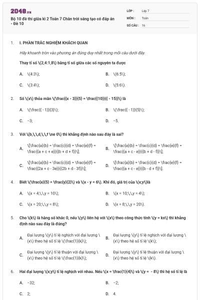 Bộ 10 đề thi giữa kì 2 Toán 7 Chân trời sáng tạo có đáp án - Đề 10