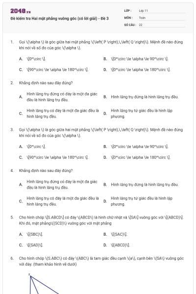 Đề kiểm tra Hai mặt phẳng vuông góc (có lời giải) - Đề 3