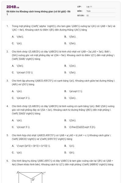Đề kiểm tra Khoảng cách trong không gian (có lời giải)- Đề 1