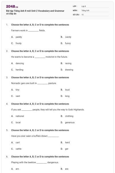 Bài tập Tiếng Anh 8 mới Unit 2 Vocabulary and Grammar có đáp án