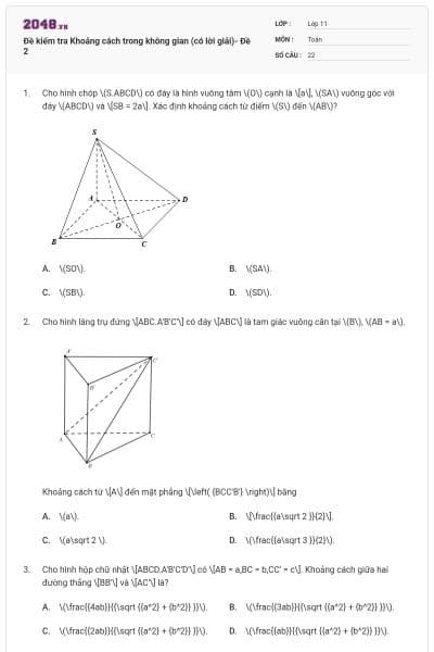 Đề kiểm tra Khoảng cách trong không gian (có lời giải)- Đề 2