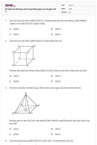 Đề kiểm tra Khoảng cách trong không gian (có lời giải)- Đề 3