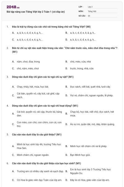 Bài tập nâng cao Tiếng Việt lớp 2 Tuần 1 (có đáp án)