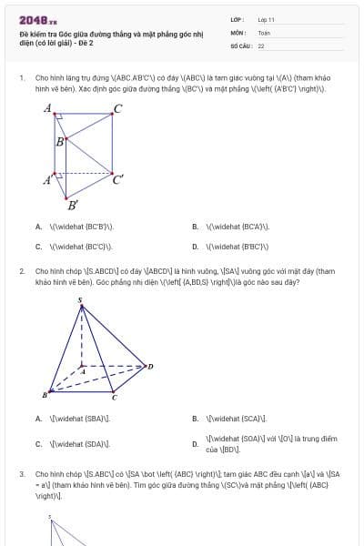 Đề kiểm tra Góc giữa đường thẳng và mặt phẳng góc nhị diện (có lời giải) - Đề 2