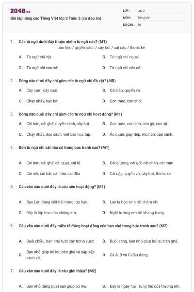 Bài tập nâng cao Tiếng Việt lớp 2 Tuần 2 (có đáp án)