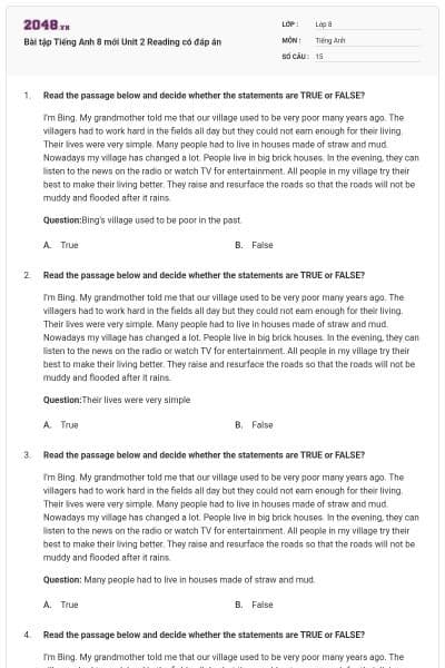 Bài tập Tiếng Anh 8 mới Unit 2 Reading có đáp án
