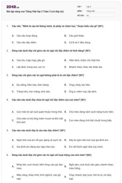 Bài tập nâng cao Tiếng Việt lớp 2 Tuần 3 (có đáp án)