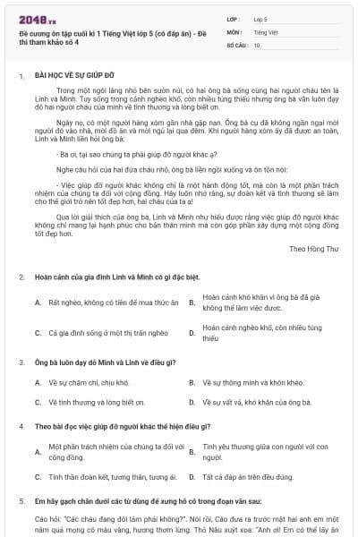 Đề cương ôn tập cuối kì 1 Tiếng Việt lớp 5 (có đáp án) - Đề thi tham khảo số 4