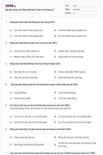 Bài tập nâng cao Tiếng Việt lớp 2 Tuần 4 (có đáp án)