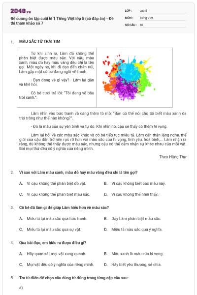 Đề cương ôn tập cuối kì 1 Tiếng Việt lớp 5 (có đáp án) - Đề thi tham khảo số 7