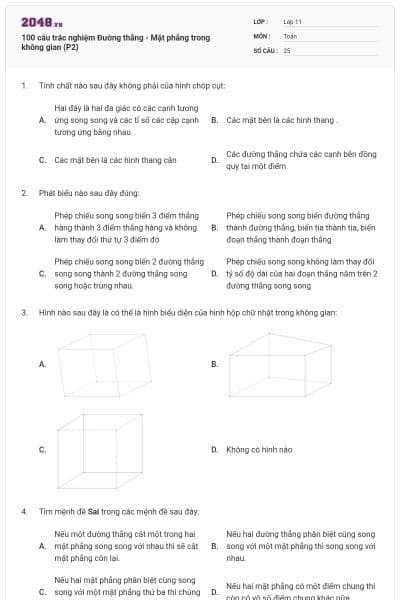 100 câu trắc nghiệm Đường thẳng - Mặt phẳng trong không gian (P2)