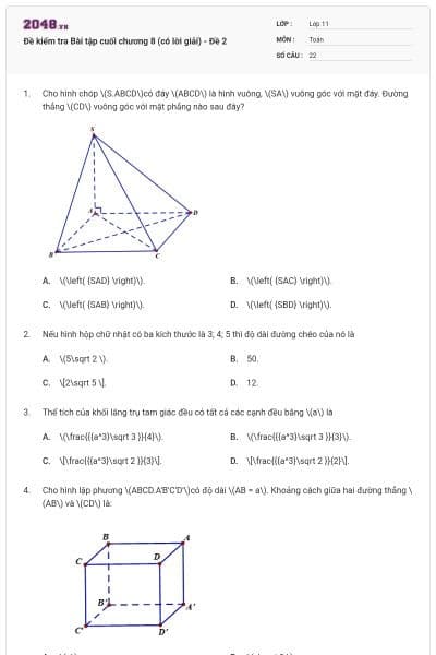 Đề kiểm tra  Bài tập cuối chương 8 (có lời giải) - Đề 2