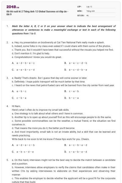 Đề thi cuối kì 2 Tiếng Anh 12 Global Success có đáp án - Đề 9