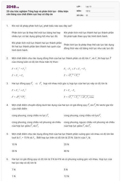 20 câu trắc nghiệm Tổng hợp và phân tích lực - Điều kiện cân bằng của chất điểm cực hay có đáp án