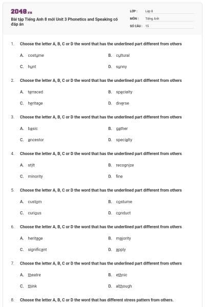 Bài tập Tiếng Anh 8 mới Unit 3 Phonetics and Speaking có đáp án