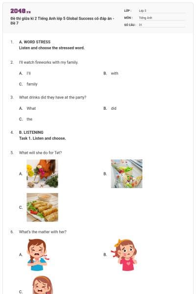 Đề thi giữa kì 2 Tiếng Anh lớp 5 Global Success có đáp án - Đề 7