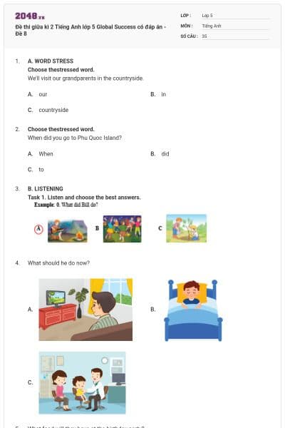 Đề thi giữa kì 2 Tiếng Anh lớp 5 Global Success có đáp án - Đề 8