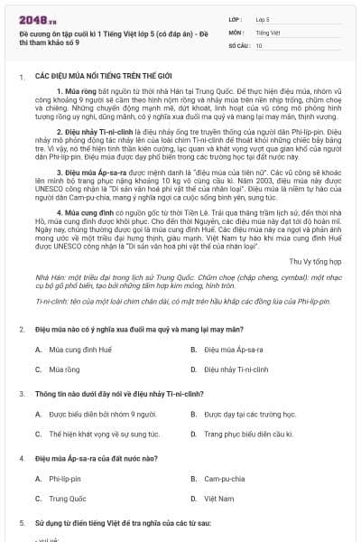 Đề cương ôn tập cuối kì 1 Tiếng Việt lớp 5 (có đáp án) - Đề thi tham khảo số 9