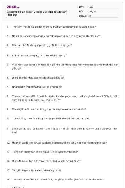 Đề cương ôn tập giữa kì 2 Tiếng Việt lớp 5 (có đáp án) - Phần Đọc