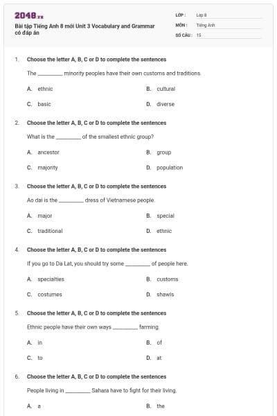 Bài tập Tiếng Anh 8 mới Unit 3 Vocabulary and Grammar có đáp án