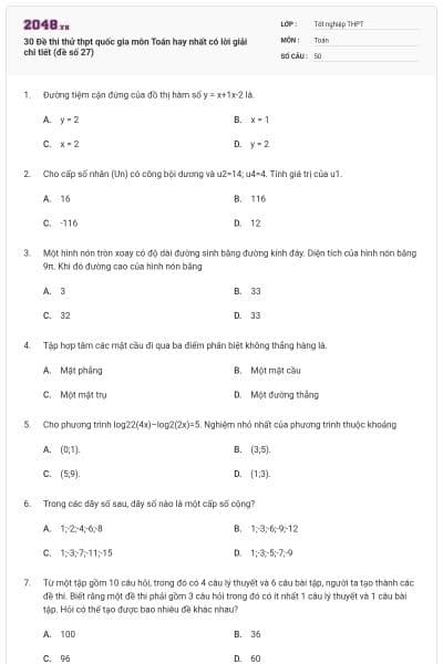 30 Đề thi thử thpt quốc gia môn Toán hay nhất có lời giải chi tiết (đề số 27)
