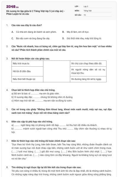 Đề cương ôn tập giữa kì 2 Tiếng Việt lớp 5 (có đáp án) - Phần Luyện từ và câu
