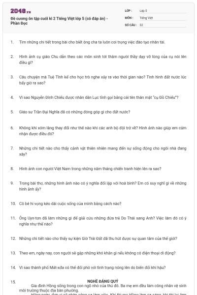 Đề cương ôn tập cuối kì 2 Tiếng Việt lớp 5 (có đáp án) - Phần Đọc