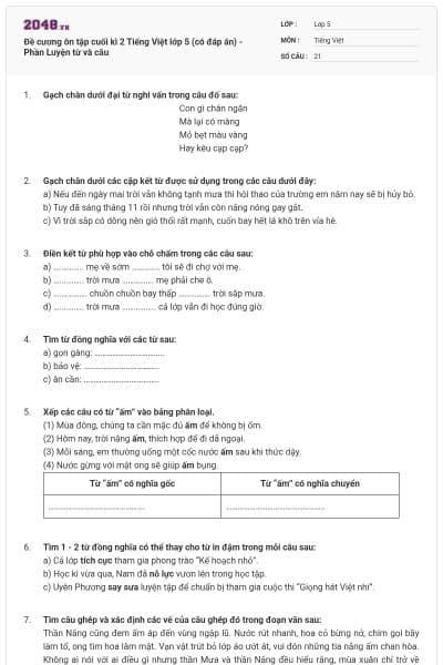 Đề cương ôn tập cuối kì 2 Tiếng Việt lớp 5 (có đáp án) - Phần Luyện từ và câu