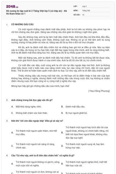 Đề cương ôn tập cuối kì 2 Tiếng Việt lớp 5 (có đáp án) - Đề thi tham khảo số 1