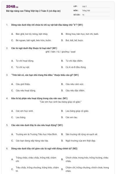 Bài tập nâng cao Tiếng Việt lớp 2 Tuần 5 (có đáp án)