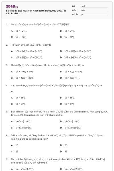 Bộ 5 đề thi giữa kì 2 Toán 7 Kết nối tri thức (2022-2023) có đáp án - Đề 1