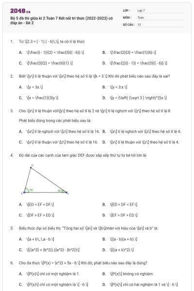 Bộ 5 đề thi giữa kì 2 Toán 7 Kết nối tri thức (2022-2023) có đáp án - Đề 2