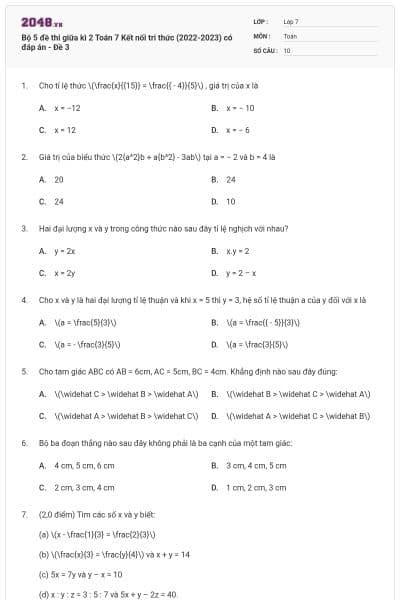 Bộ 5 đề thi giữa kì 2 Toán 7 Kết nối tri thức (2022-2023) có đáp án - Đề 3