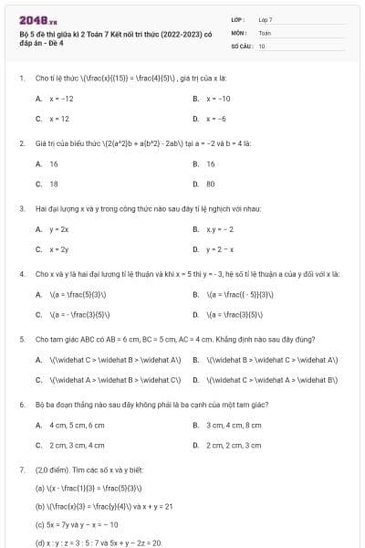 Bộ 5 đề thi giữa kì 2 Toán 7 Kết nối tri thức (2022-2023) có đáp án - Đề 4