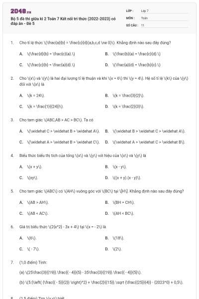 Bộ 5 đề thi giữa kì 2 Toán 7 Kết nối tri thức (2022-2023) có đáp án - Đề 5