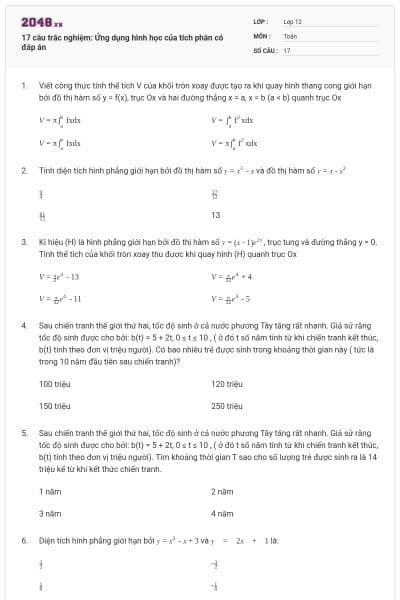 17 câu trắc nghiệm: Ứng dụng hình học của tích phân có đáp án