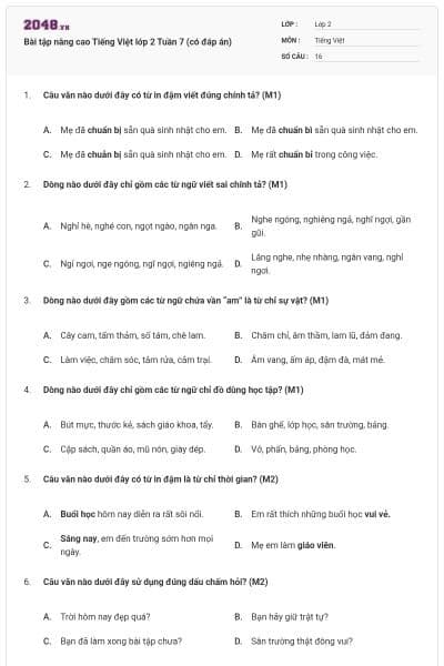 Bài tập nâng cao Tiếng Việt lớp 2 Tuần 7 (có đáp án)