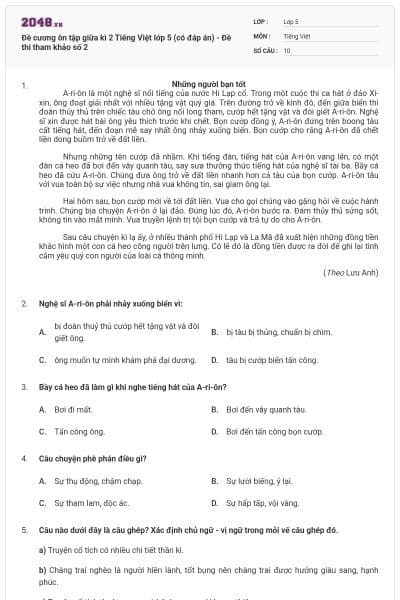 Đề cương ôn tập giữa kì 2 Tiếng Việt lớp 5 (có đáp án) - Đề thi tham khảo số 2