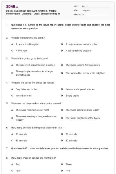 20 câu trắc nghiệm Tiếng Anh 12 Unit 8. Wildlife conservation - Listening - Global Success có đáp án