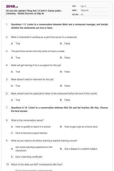 20 câu trắc nghiệm Tiếng Anh 12 Unit 9. Career paths - Listening - Global Success có đáp án