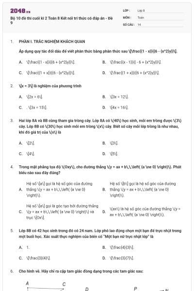 Bộ 10 đề thi cuối kì 2 Toán 8 Kết nối tri thức có đáp án - Đề 9