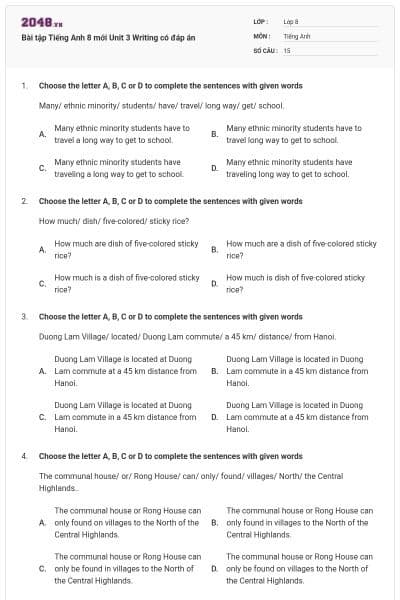 Bài tập Tiếng Anh 8 mới Unit 3 Writing có đáp án