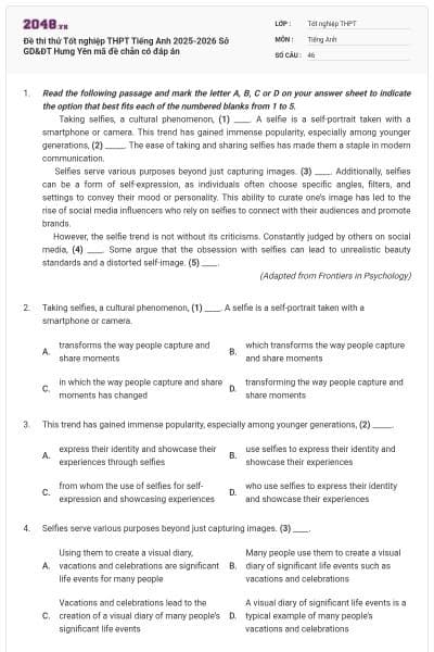 Đề thi thử Tốt nghiệp THPT Tiếng Anh 2025-2026 Sở GD&ĐT Hưng Yên mã đề chẵn có đáp án