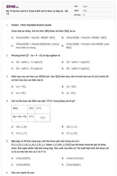 Bộ 10 đề thi cuối kì 2 Toán 8 Kết nối tri thức có đáp án - Đề 10