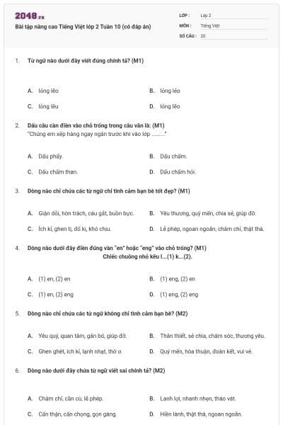 Bài tập nâng cao Tiếng Việt lớp 2 Tuần 10 (có đáp án)